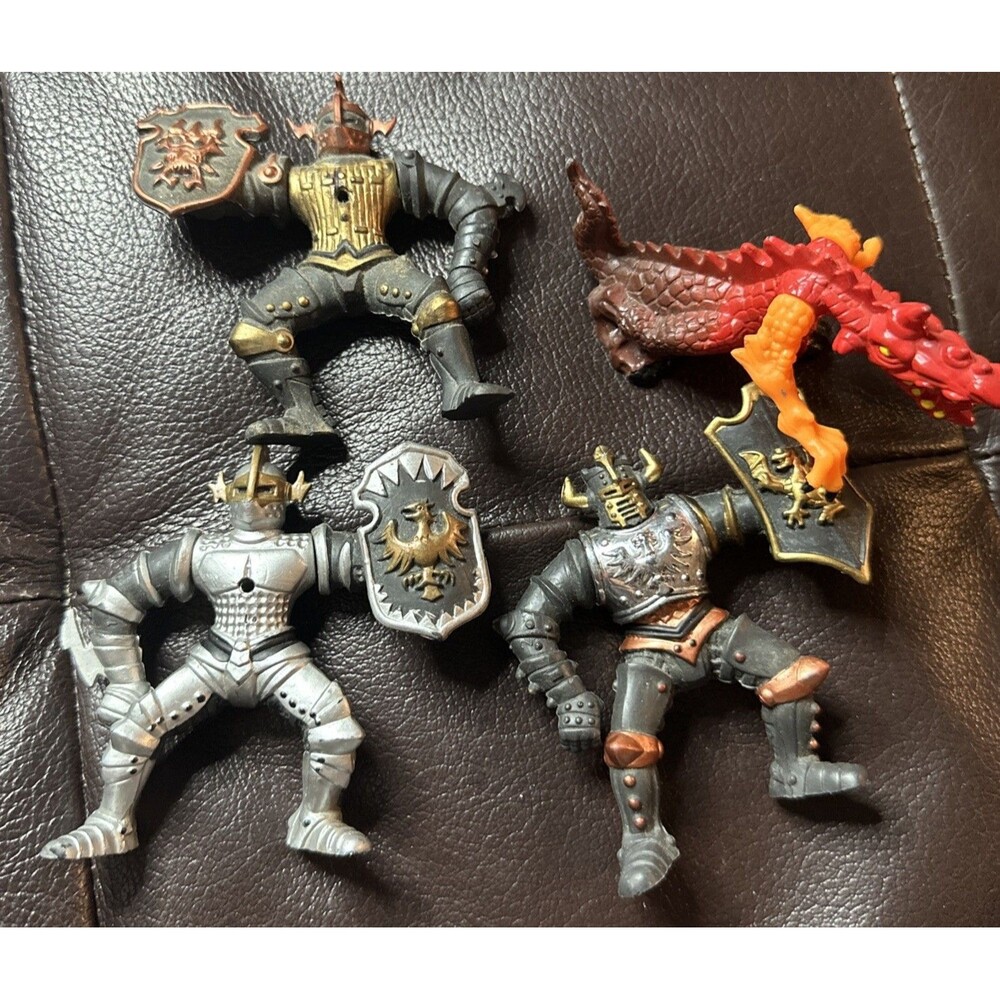 Chap Mei Medieval Red Yellow Dragon 4" Figurine Figure 1995 And 3 Knights